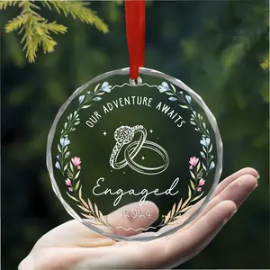 Our Adventure Awaits Xmas Tree Ornament Decoration - Glass Engaged Christmas Ornament 2024 - Christmas Engagement Gift for Couple