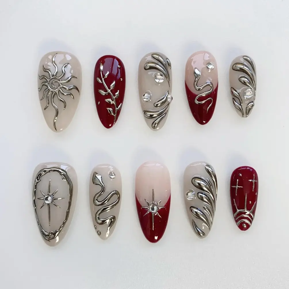 Ancora French red nails/Sun Star Press on nails short almond nails/silver 3d chrome nails/sun star nails/Burgundy snake nails/birthday nails