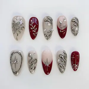 Ancora French red nails/Sun Star Press on nails short almond nails/silver 3d chrome nails/sun star nails/Burgundy snake nails/birthday nails
