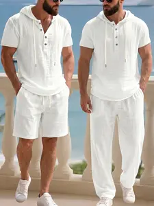 Men’s casual sports set made from breathable linen; ideal for home and outdoor wear; a must-have summer athletic set for men; multi-piece set.