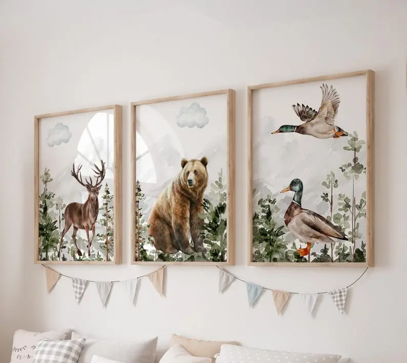 Set of 3 Mallard Duck Prints, Deer Wall Art Set, Bear Posters, Modern Art, Woodland Kids Bedroom Decor, Boy Nursery Decor, Playroom Prints