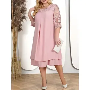 Embroidered Chiffon Dress Elegant Plus Size Mother of the Bride Dress with Round Neck, Short Sleeves, European and American Womenswear Aesthetic Casual Style