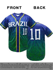 Men's Baseball Jacket Brazil Embroidered Blue Gradient, Leopard Print Short Sleeve Shirt, Breathable Fabric, South American Football Culture
