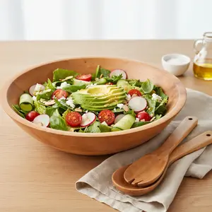 Extra Large Wooden Salad Bowl Set With Serving Utensils Beautiful Party Salad & Fruit Bowl With Serving Spoons Perfect for Dinner Party Decorative Practical Kitchen Must-Have