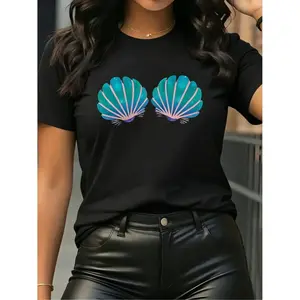 Teal Seashell Mermaid Top, Funny Beach Party T-Shirt Cute Teal Seashell T-Shirt, Perfect for Beach Days & Vacations