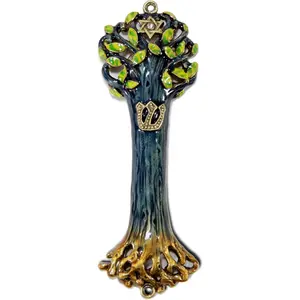 Mezuzah Case | Mezuzah Cover | Artwork Tree of Life Wooden Texture Design and Crafted in Brass 4" for The Jewish Homes | Rainbow Color (Multicolored | Blue | Green) No Scroll or Prayer Included