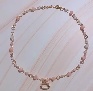 gold y2k kitty necklace, pink beaded necklace, gold y2k jewelry, cute beaded jewelry