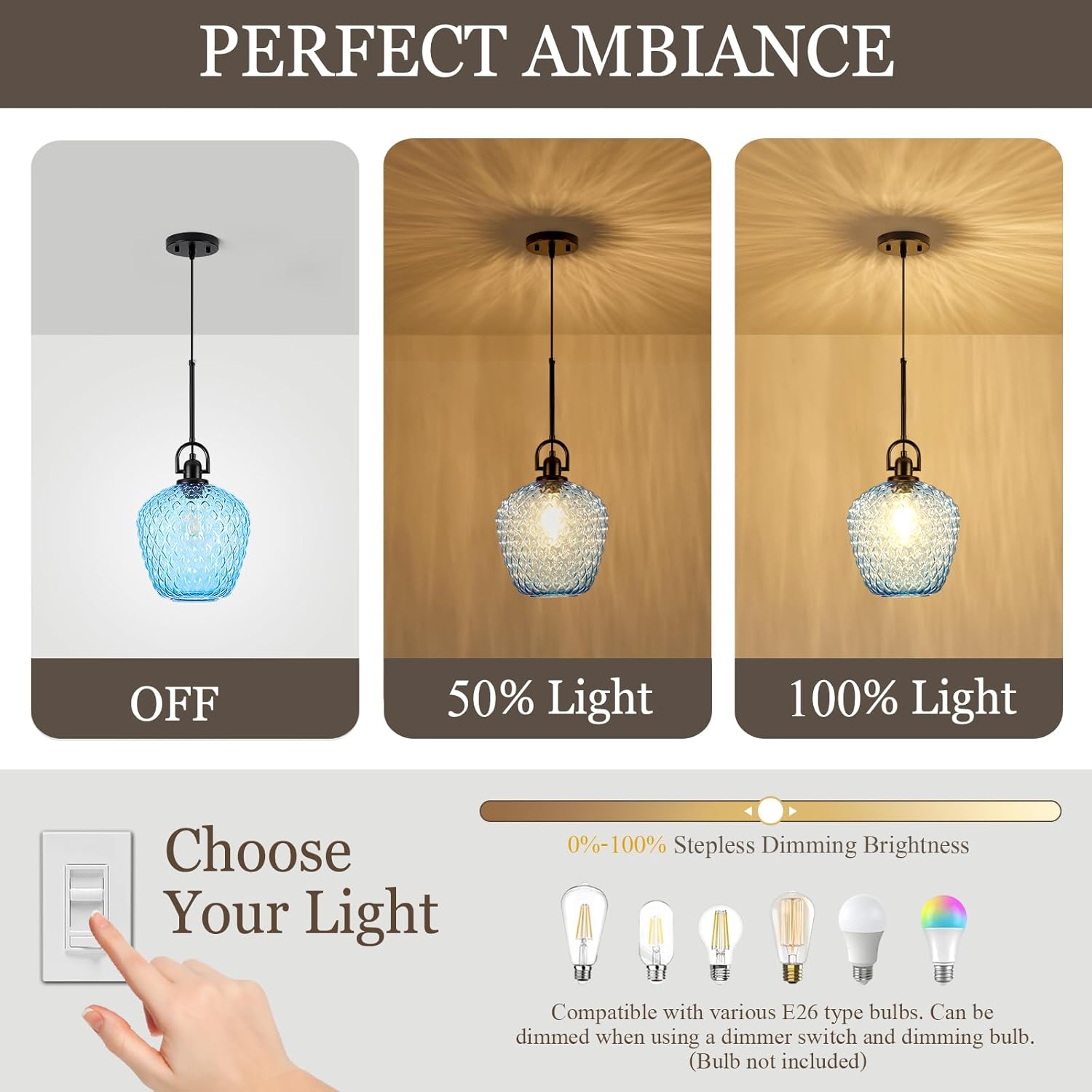 Large Glass Pendant Lights Kitchen Island, 10" 1-Light Black Fixtures with Blue Hammered Glass Modern Hanging Light for Kitchen Island Dining Room Entryway Foyer