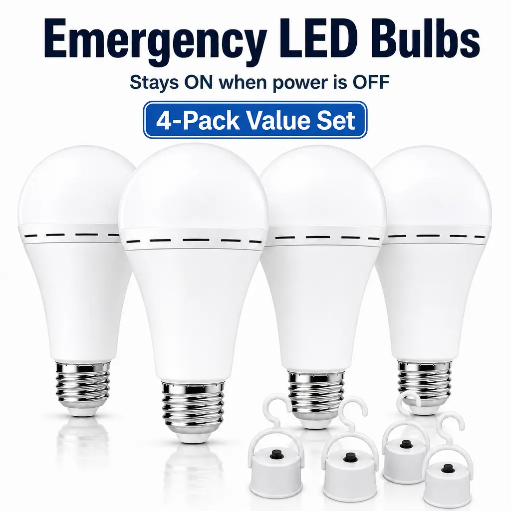 4 Pack Rechargeable Emergency LED Light Bulbs, E26 12W 6000K Daylight 60W Equivalent with 1200mAh Battery Backup, Energy-Saving LED Bulbs for Power Outages, Portable Power Hooks Included, Energy Efficient