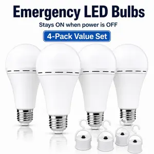 4 Pack Rechargeable Emergency LED Light Bulbs, E26 12W 6000K Daylight 60W Equivalent with 1200mAh Battery Backup, Energy-Saving LED Bulbs for Power Outages, Portable Power Hooks Included, Energy Efficient