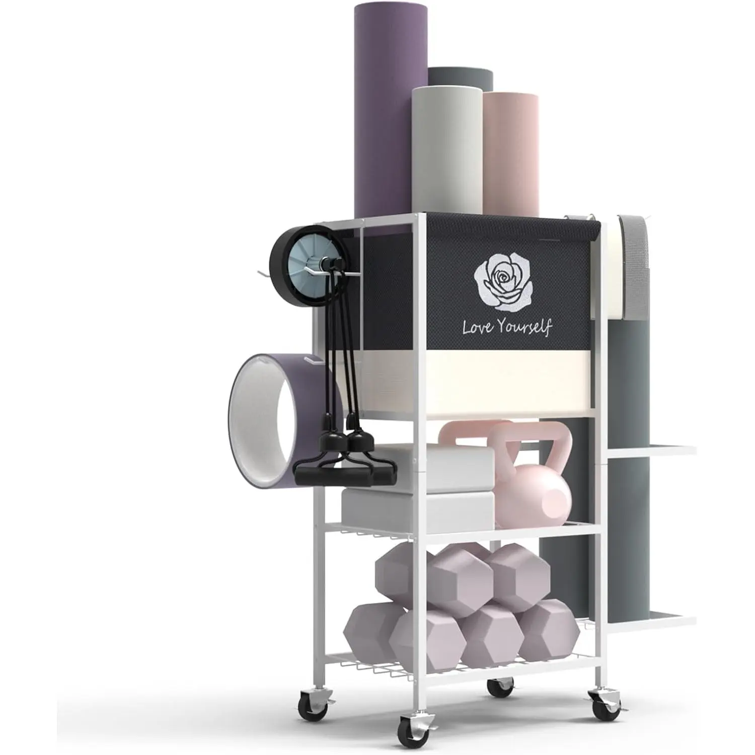 Yoga Mat Storage Rack,Home Gym Storage Rack Gym Workout Equipment Storage Organizer Fitness Weight Rack on Wheels for Yoga Mat,Yoga Block,Foam Roller,Resistance Band,Dumbbell,Kettlebell and Other Workout Accessories