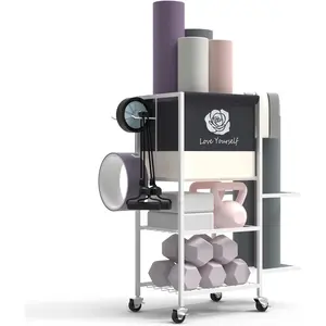 Yoga Mat Storage Rack,Home Gym Storage Rack Gym Workout Equipment Storage Organizer Fitness Weight Rack on Wheels for Yoga Mat,Yoga Block,Foam Roller,Resistance Band,Dumbbell,Kettlebell and Other Workout Accessories