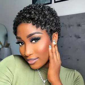 180% Density Afro Curly Wave Human Hair Wig for Women - Short Pixie Cut, Natural Black, Full Machine Made, Rose Net Cap, Perfect for Bold and Stylish Looks, Short Hair Wig