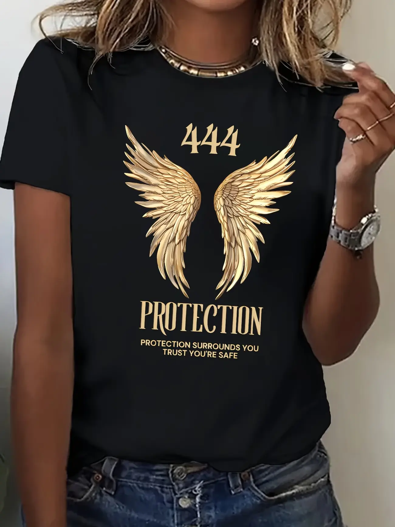 444 Protection Angel Wings Graphic T‑Shirt, Spiritual Angel Number Women Crew Neck Tee