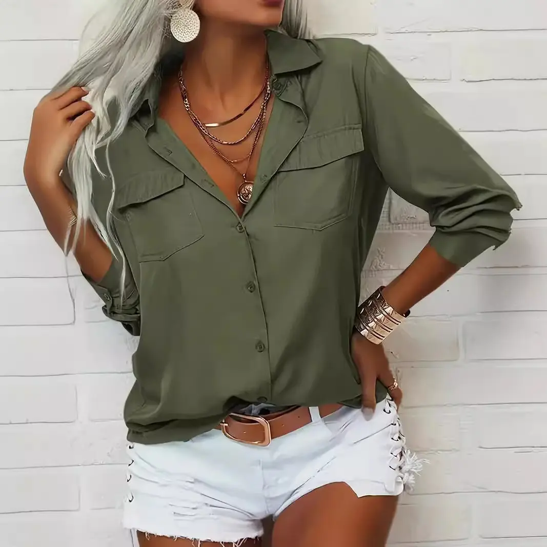 Women's Casual V-Neck Button Down Shirt, Solid Long Sleeve Loose Fit Polyester Blouse for Office Looks and Going Out, Basic, Oversized, Fabric, Layering Outfits, Office Ootd, Style Inspo, Ootd Ideas, Wardrobe Staples, Roll-Up, Fashion Inspiration, Loosey,
