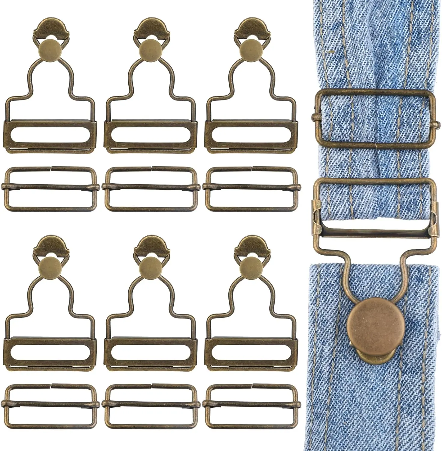 1.25 inch Metal Overall Replacement Buckle Sets (6 Pcs) - Adjustable Tri-Glide Slide Buckles, Buttons, No-Sew DIY Sewing Accessories for Bib Pants, Jeans, Jackets, Button