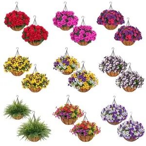 2Pcs Artificial Hanging Flower Baskets for Mother's Day, UV Resistant Daisies/Pansies/Morning Glories/Ferns Arrangement, No Maintenance Spring Summer Decor for Porch Patio Balcony Yard