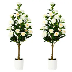 2025 2 Pack 3/4 Ft Artificial Camellia Trees with 16 White Flowers and Pots, Ideal Christmas Gifts for Home, Porch, Office or Outdoor Decor