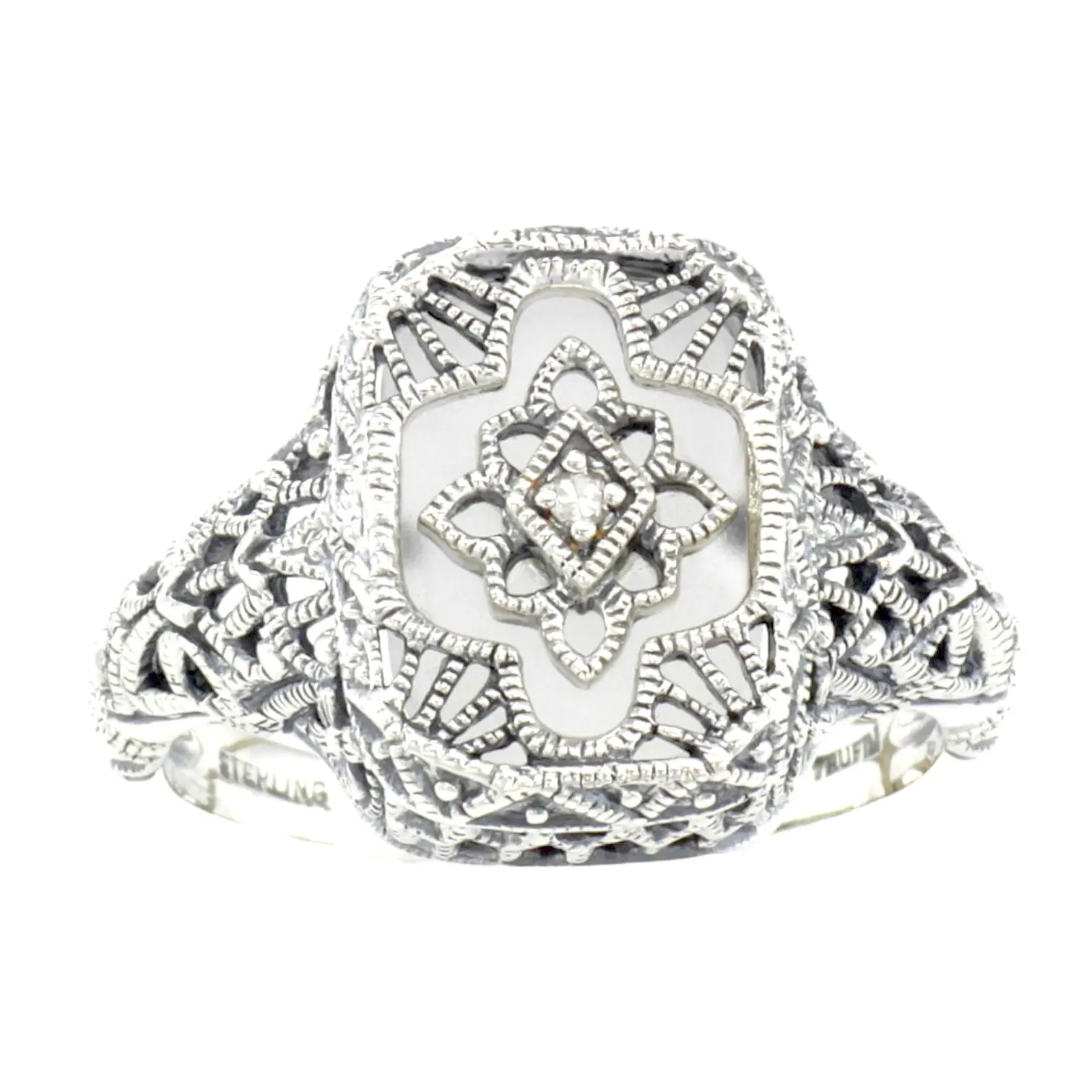 Antique Victorian Style Camphor Glass 925 Sterling Filigree Ring Size 8 with Custom Round Genuine Diamond Center