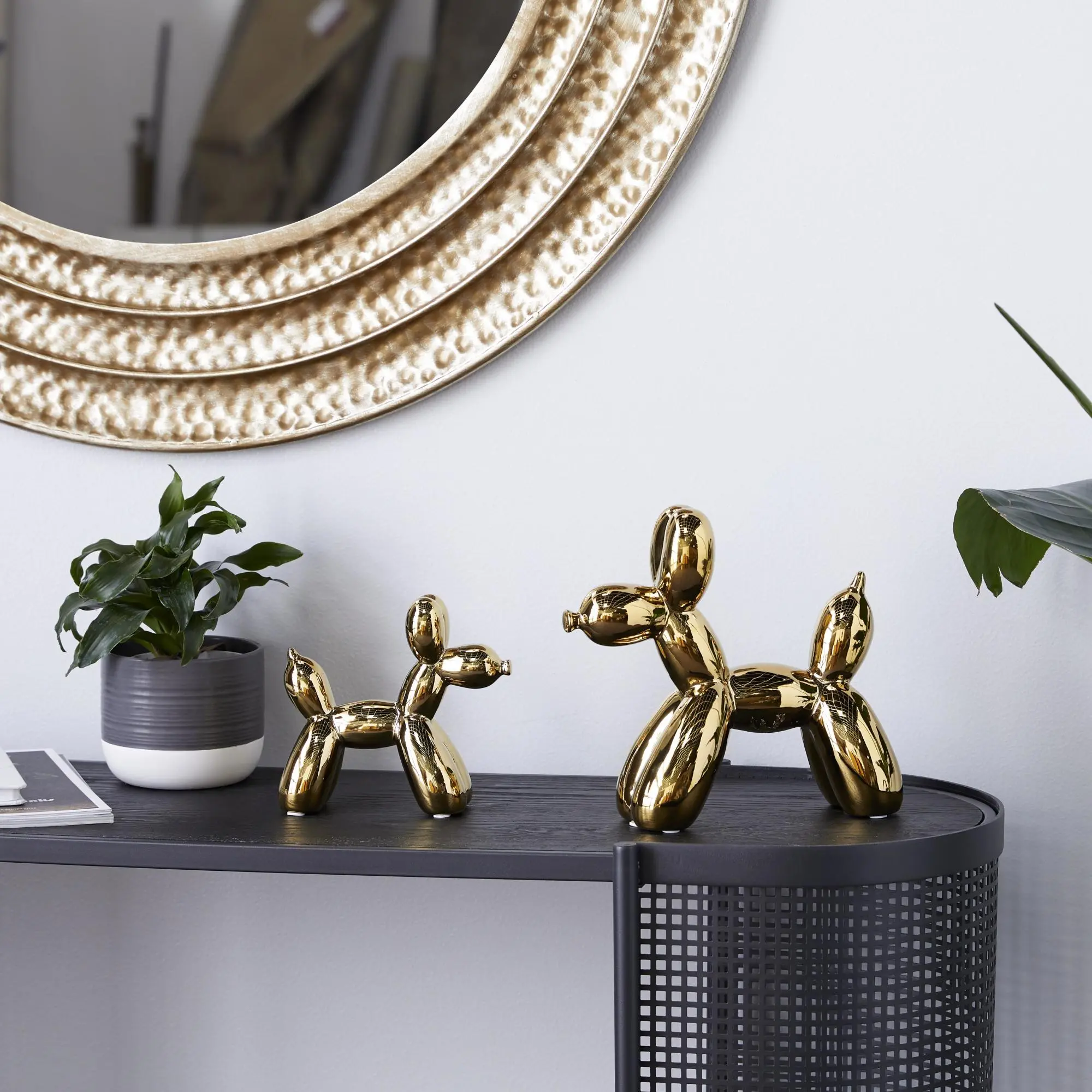 Decorative Metallic Glaze Balloon-Shape Rubber Dog Statue Set - 2 Pieces (2 Sizes: 9in & 7in, 7.05l x 2.75w x 6.5h inches), Glossy Porcelain Ceramic Sculpture, Indoor Decor Table Accent, Ideal Gift for Room