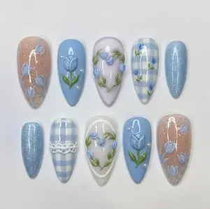 Handmade Blue Tulip Press On Nails, 3D Floral Nail Set, Pastel Gingham & Vintage Flower Accents