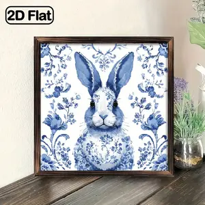 2D Flat, Wall Pediments2D Flat, 1pc Elegant  and White Porcelain Rabbit Floral Framed Painting on Wood - 8x8 Inch Large or  Sizes, Navy  & White Rabbit Wall/ Tabletop Decor, Ready-to-Hang Flat Panel for Easter, Christmas, Halloween Home Decor