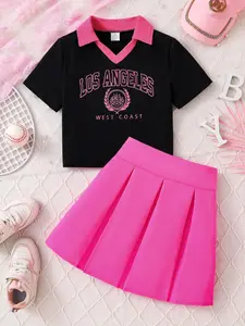 Girl's Letter Print Short Sleeve Top &   Skirt Two-piece Set, Casual Round Neck T-shirt & Skirt for Daily Wear, Kids Summer Clothes Gift Set