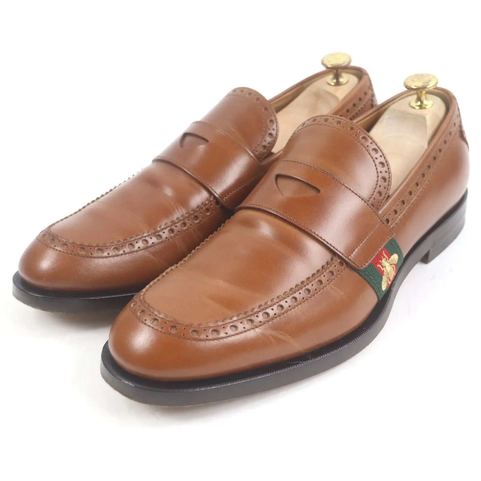 Pre-owned GUCCI Calfskin Small Leather Goods Bee embroidered web line leather loafers