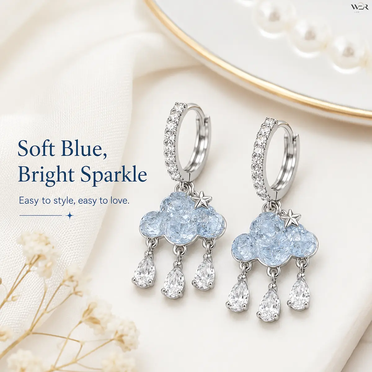 Women's Whimsical Silver Cloud Shape Dangle Crystal Drop Earrings - 1 Pair, 1.4cm Cloud & Raindrop Design, Sparkling Blue Crystals, Bling Aesthetic, 4cm Length, Elegant, Lightweight, Comfortable, Versatile Gift for Female Girl Daily Wear/Special Occasion