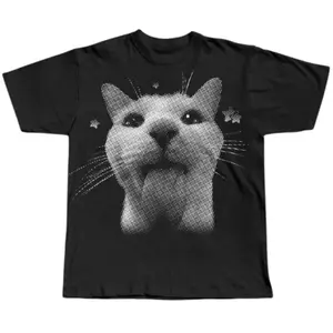 Men's Y2k Retro Freaky Cat Cotton T-shirt - [S-5XL] Casual Top, Vintage Graphic, Silly Cats Design, Aesthetic Relaxed Fit Summer Crewneck, 2000s/90s Trendy Cotton Fabric Tee Classic Soft