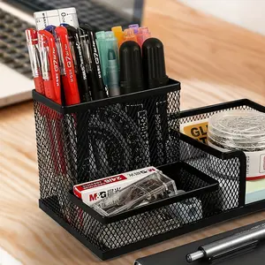 2-Pack 3-Compartment Metal Desktop Organizer Box, Work Organizer, Includes Pen Holder & Sticky Note Rack, Durable Office Supplies Storage, Desk Accessories