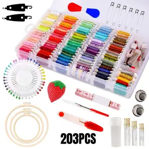 203pcs Rainbow Colored Embroidery Floss Sewing Thread Kit, Embroidery Thread with Storage Box, Include Cross Stitch Tools & 3 Embroidery Hoop, 100 Color Sewing Threads for Cross-Stitching And Embroidery, DIY Crafts, Ideal for Sewing Projects