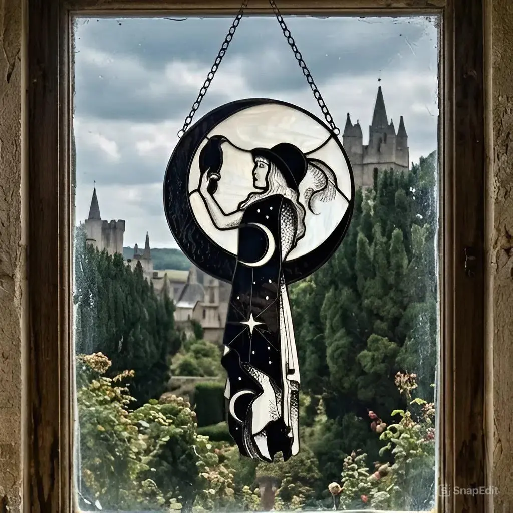 Mystical Moon Witch Suncatcher - Celestial Lady with Raven Glass Art - Gothic Bohemian Window Decor
