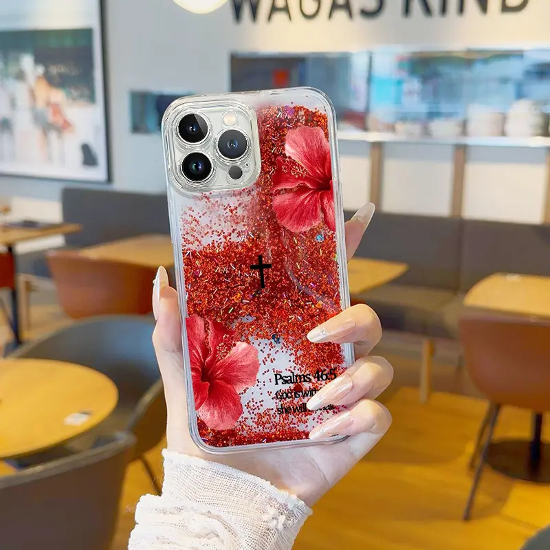 Suitable for [iPhone 13 Pro Max] Premium liquid glitter phone case featuring a vintage floral cross aesthetic and the Bible verse Psalm 46:5; offers drop protection—an ideal religious-themed birthday gift for her! JS996