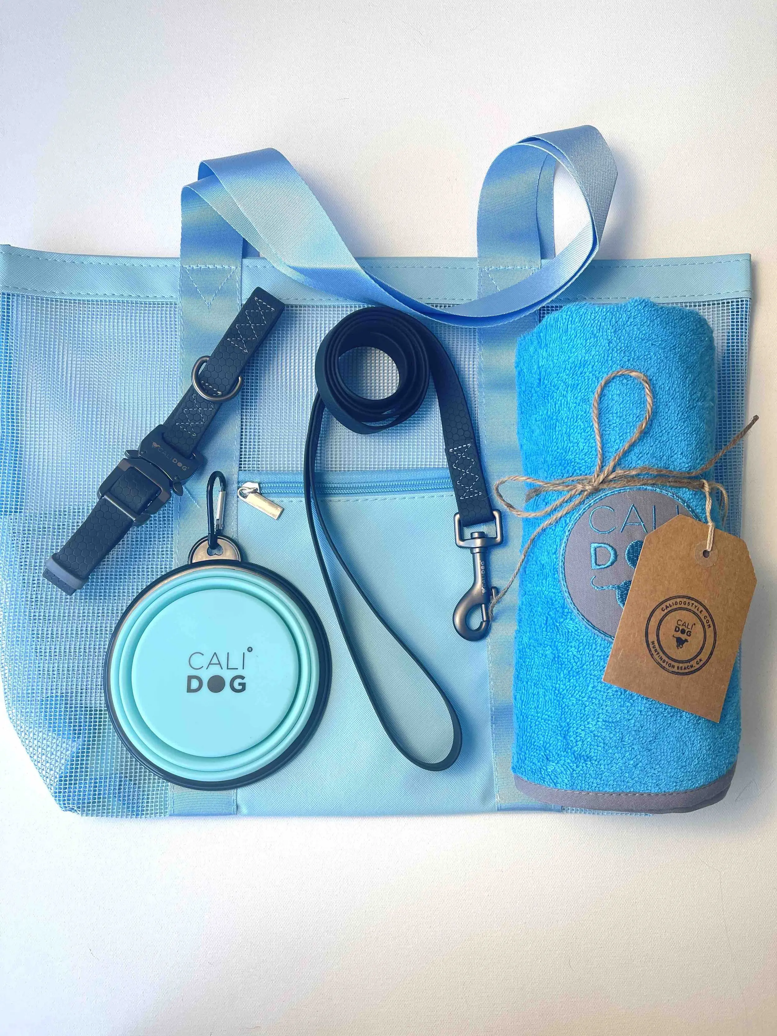 Beach Set: Waterproof Dog Collar and Leash,  Beach Bag, Towel and Dog Bowl.