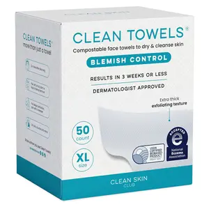 Blemish Control  Towels® XL, Compostable Face Towels, Light Exfoliation for Oily Skin, Eczema Association Accepted Disposable Face Towelette, Makeup Remover Dry Wipes, 50 count