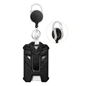 1/2/3Set ID Badge Holders with Rotation Clip, Tactical Hard Plastic Card Holder Holds 3-5 Cards, 4" x 2.65", Keychain Retractable 24" Fiber Pull Cord, Black Reels