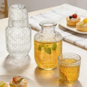 Glass Bedside Water Bottle Set, Elegant Embossed Glass Cup with Lid, Vintage Light Luxury 2-in-1 Design, Clear Reusable Heat Resistant BPA Free, for Bedroom Office Bathroom Travel, Modern Home Essential, Perfect Gift Idea, Tumblers