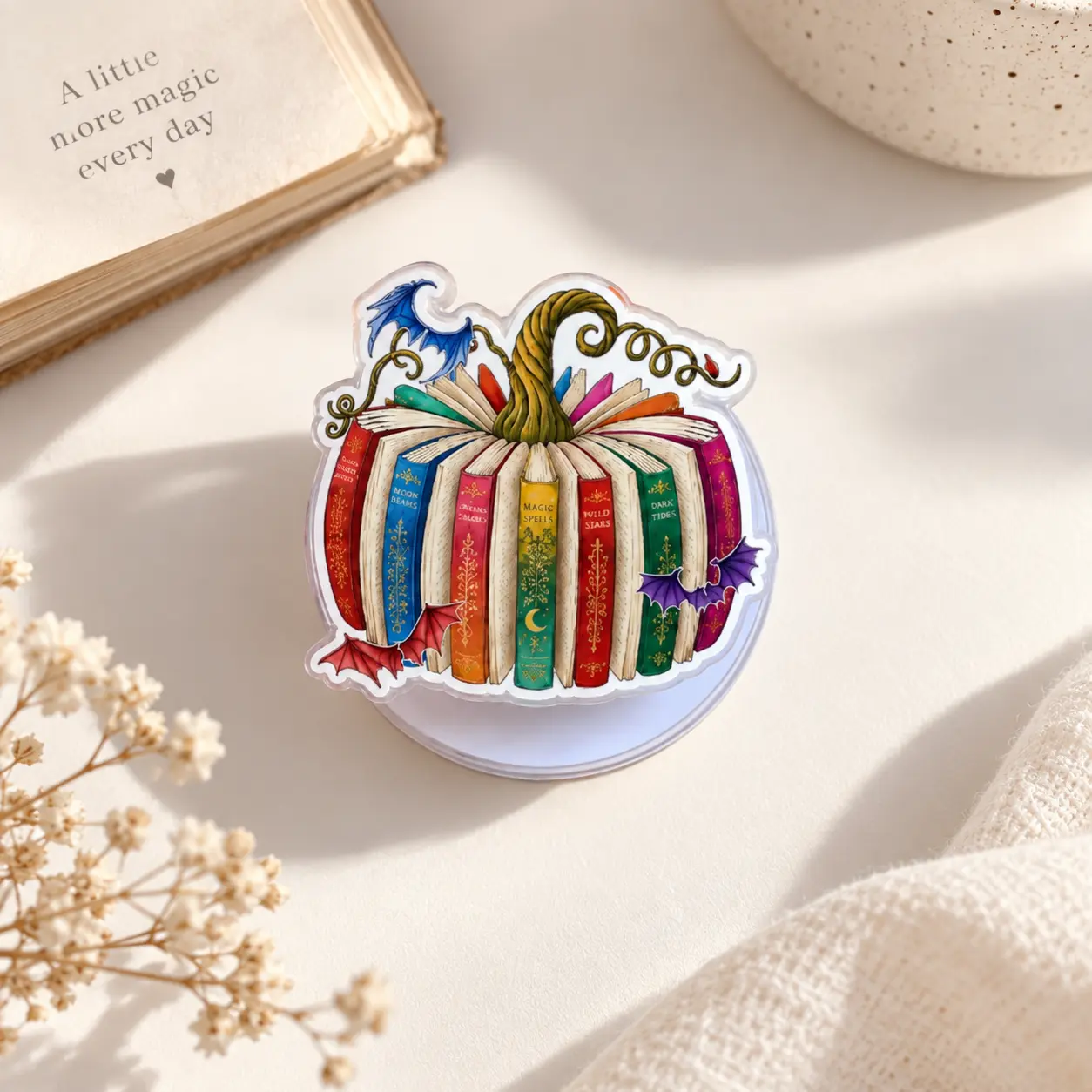 ACOTAR Fantasy Book Magnetic Phone Grip Stand, Magical Books and Dragon Design, Fantasy Reader Phone Holder, Bookish Gift, Kindle Accessory, Cozy Aesthetic