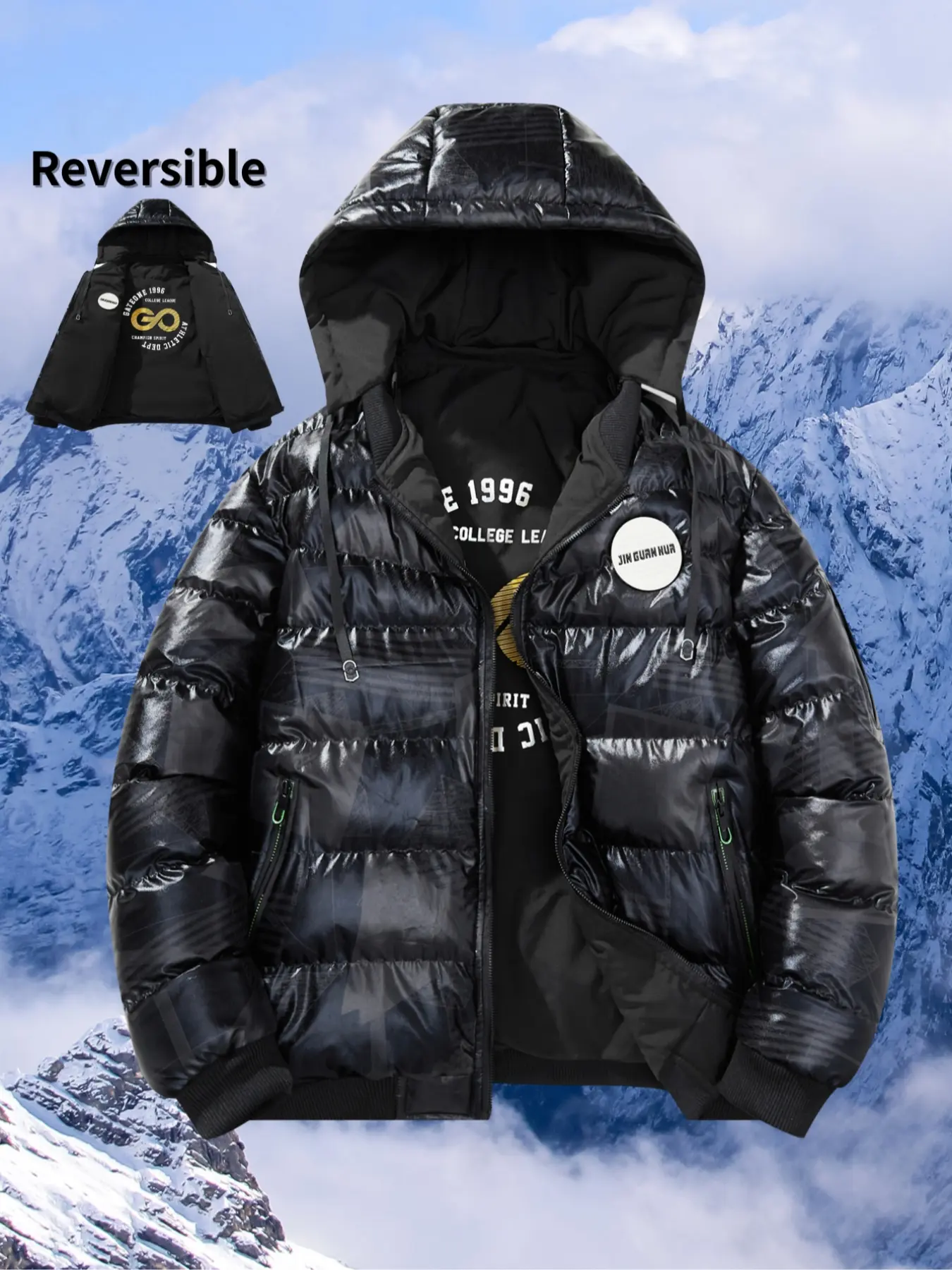 Men's Winter Jacket, Shiny Thick Warm Windproof, Casual Hooded Cotton Coat, Letter Print Design, Street Style, Fashion Outerwear, Zipper Hooded Jacket, Jacket With Hood, Casual Outdoor Outerwears