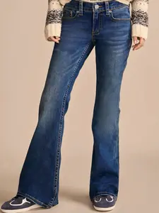 Women's Denim Jeans, American Style Deep Blue Casual Stretch Simple Versatile Slim Fit Flare Jeans, Suitable for All Seasons