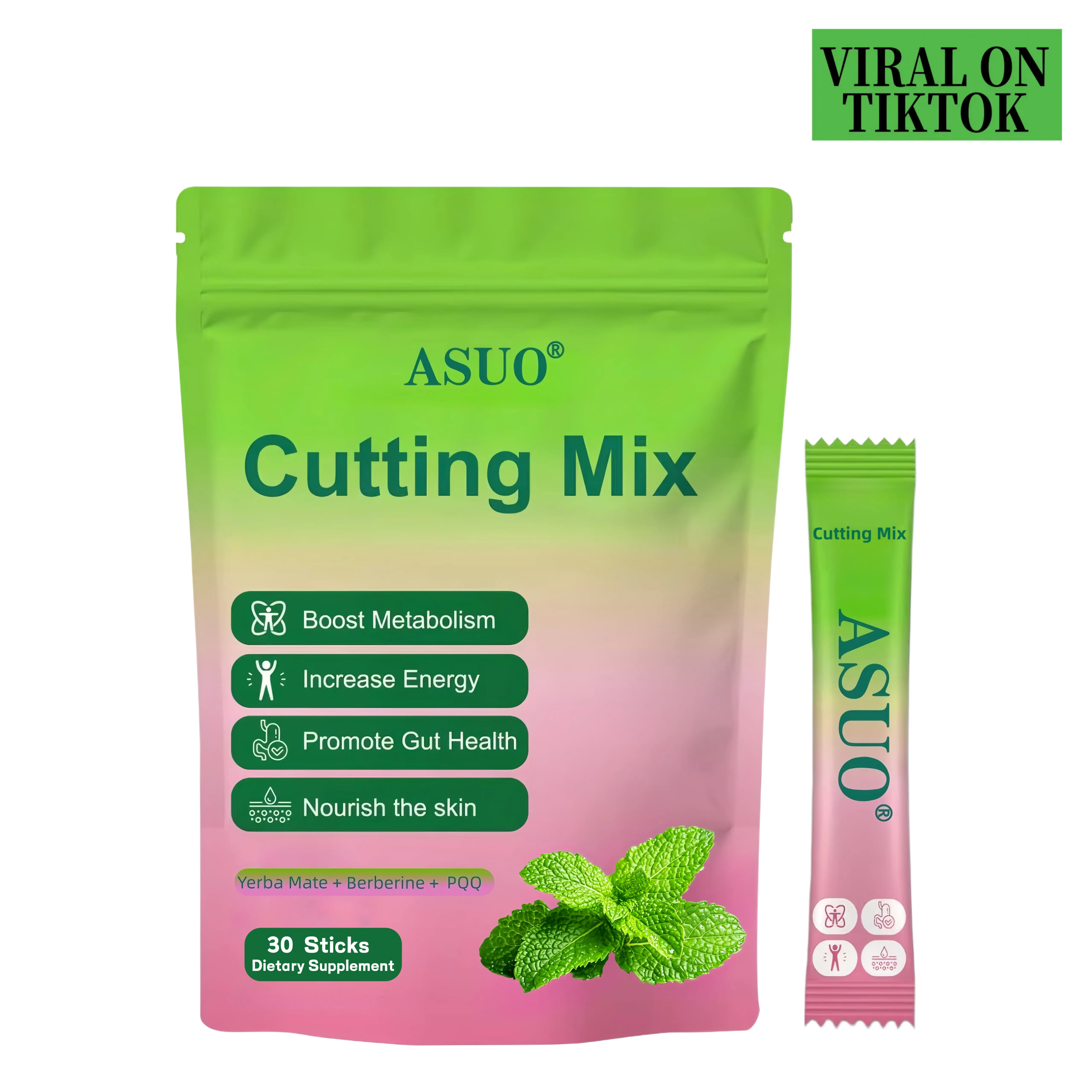 ASUO Enhanced Formula Powdered Supplement Drink Mix - Abdominal & Intestinal Deposit Clearing - Mint Flavor - With Berberine, Chromium, 5-HTP, Yerba Mate, Magnesium - 30 Servings