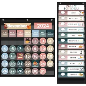 Monthly Calendar Pocket Chart for Classroom, Daily Schedule Pocket Chart with 12 count Double-Sided  Cards, Printed Day of the Week, Learning for  or (Black Calendar+Daily Schedule)