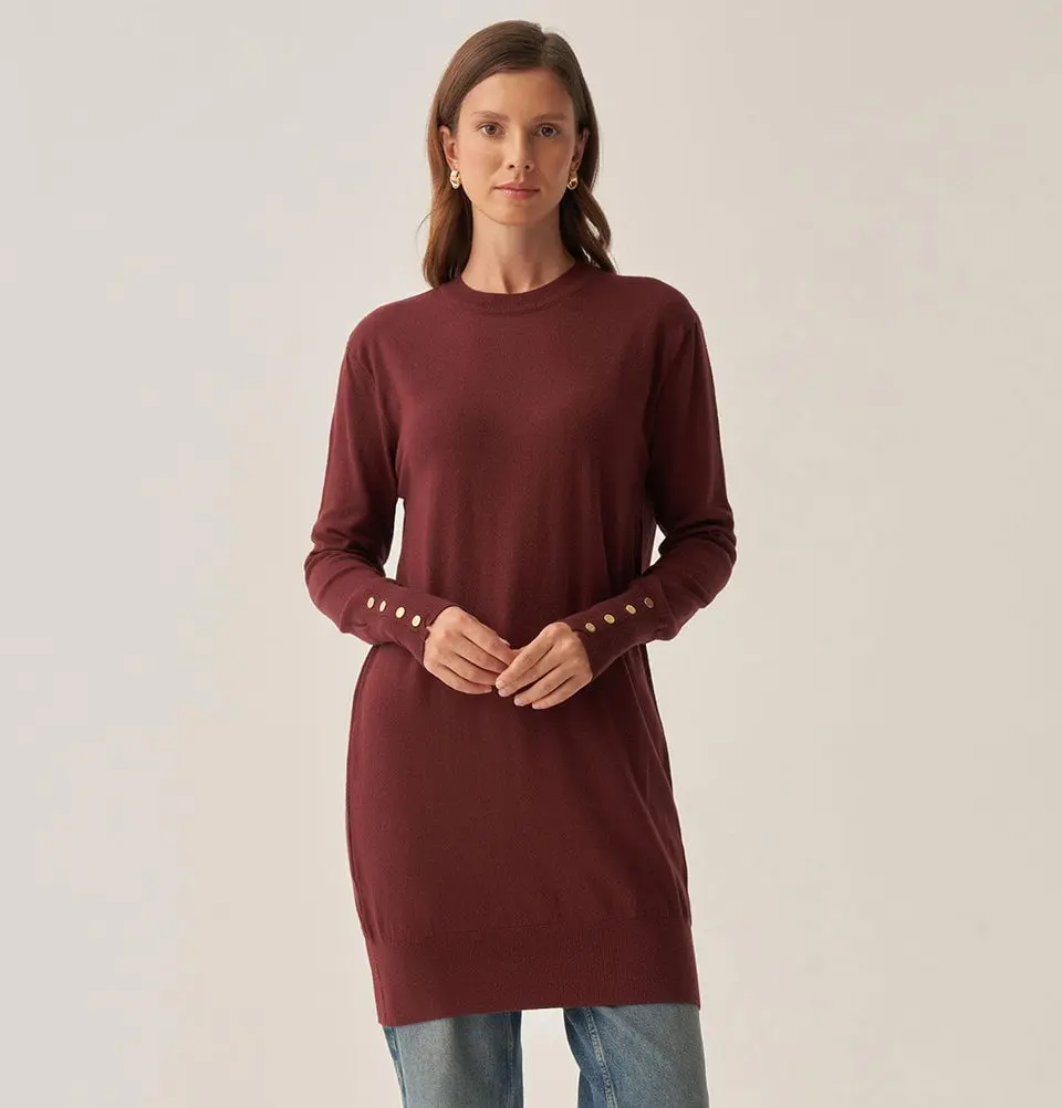 Modest Muslim Women's Ankle Button Cuff Sweater - 55021 Burgundy