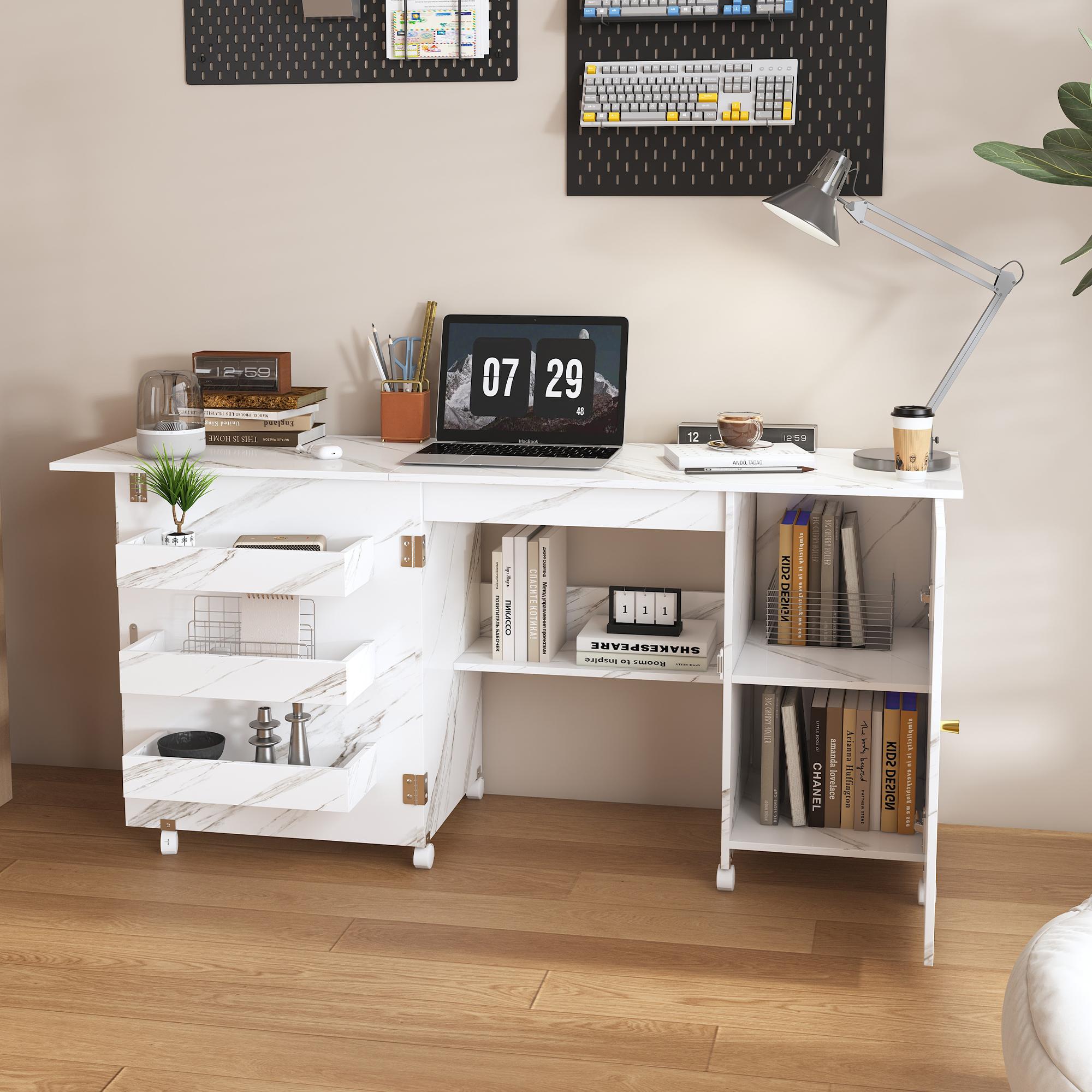 57.5" Foldable Sewing Machine Table with Locking Casters, Multi-Storage Craft Station with Shelves, Bins & Cabinet, Adjustable Sewing Cabinet for Home, Bedroom, and Craft Room(White)