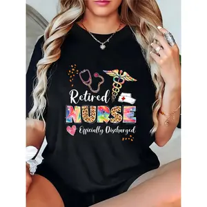 Women's Black Retired Nurse Graphic T-Shirt with Stethoscope, Caduceus, Nurse Cap, Rainbow Leopard Print, Heart & Officially Discharged – Casual Daily/Retirement Party Wear for Retired Nursing Professionals 100% Cotton T-shirt