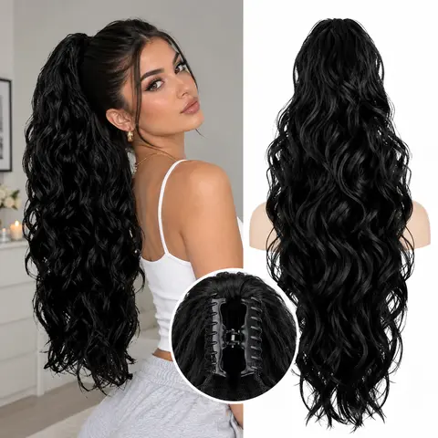 NOKOARI Women's 28-in Synthetic Soft Hair Curly Wavy Water Wave Claw Clip Ponytail Extensions - Casual Wavy Synthetic Hairpieces, Realistic Hairpieces for Ponytail Hairstyles