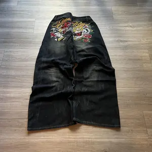 Tiger Graphic Baggy Jeans – Y2K Style Streetwear Wide Leg Skater Denim Vintage Tattoo Aesthetic Embroidered Pants