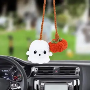 Hand-Knitted Yarn Crochet Ghost and Pumpkin Hanging Ornaments, Cute Halloween, Thanksgiving, Harvest Festival Decorations, Holiday Party Decorations, Suitable for Car Hanging Ornaments, Hangable Accessories