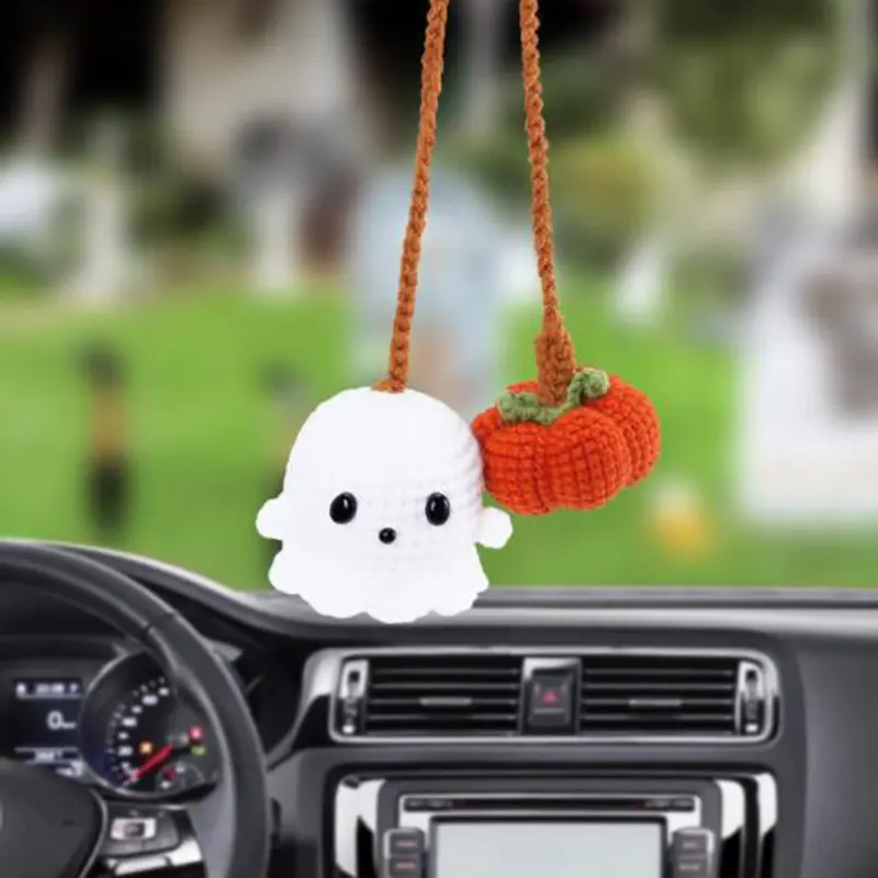 Hand-Knitted Yarn Crochet Ghost and Pumpkin Hanging Ornaments, Cute Halloween, Thanksgiving, Harvest Festival Decorations, Holiday Party Decorations, Suitable for Car Hanging Ornaments, Hangable Accessories, Car Hanger Ornament